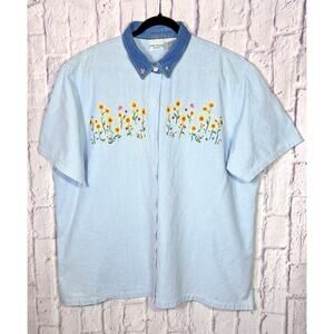 VTG Bobbie Brooks Embroidered Denim Checkered Shirt Collared Sunflowers 22-24W